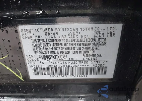 2025 Nissan Sentra Sv z USA, uszkodzony, nr VIN 3N1AB8CV2SY211541